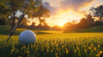 Golf ball on green grass with a golf club and sunset in the background