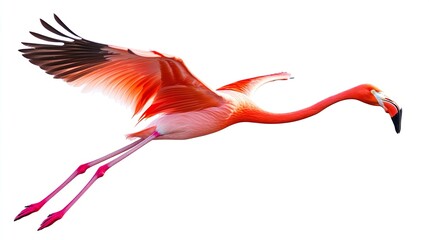 A flamingo is flying in the air with its head down