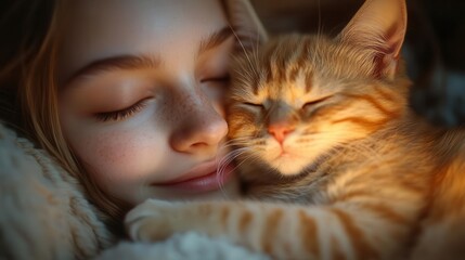 intimate scene of a girl cradling a kitten in warm candlelight soft shadows dance across cozy textures creating a tender moment of connection between human and animal