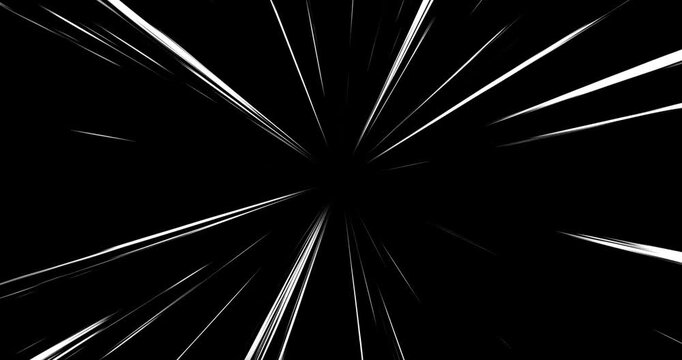 White speed lines isolated on black solid. Fast motion effect, anime super velocity visualization, manga comic book animation