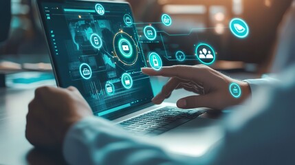 A person is using a laptop with a green screen that has a lot of icons on it