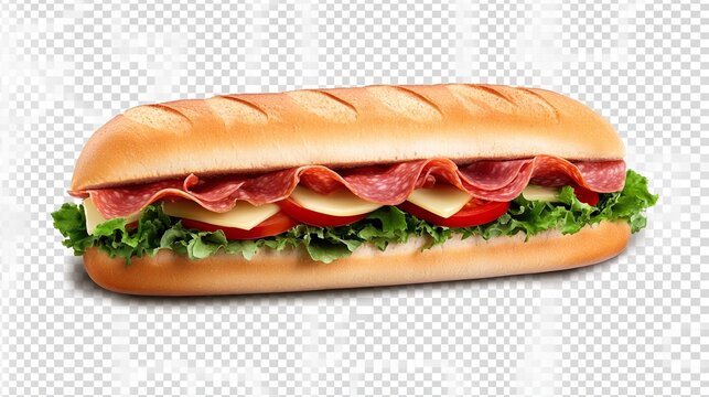 A long sub sandwich with ham, cheese, lettuce, and tomato