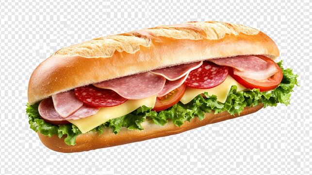 A long sub sandwich with ham, cheese, and lettuce