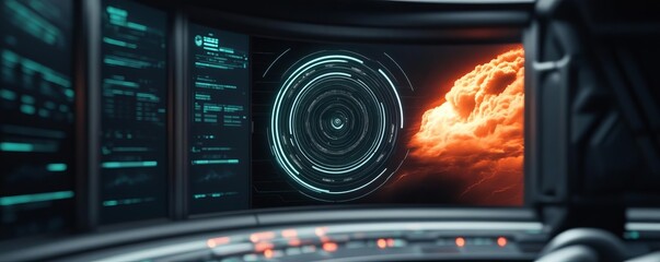 Fototapeta premium Real-time weather analytics, holographic radar data, futuristic control center, digital storm paths