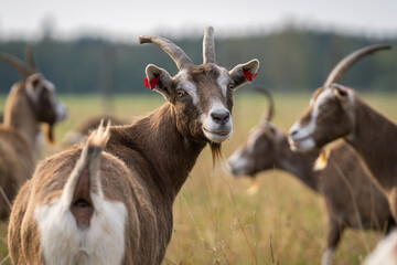 Domestic goats (Capra hircus) in nature.	Brown-white mottled goat with curved horns on a meadow in autumn. 