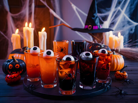 Una espeluznante mesa con tem&aacute;tica de Halloween que muestra una variedad de bebidas espeluznantes y espeluznantes
