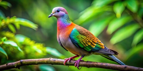 Fototapeta premium Vibrant colorful plumage of a solitary doo bird perched on a twisted branch, gazing straight ahead with striking black eyes in a lush green forest.