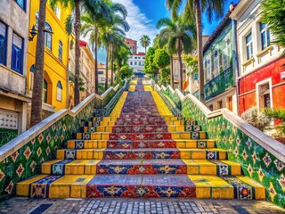 Vibrant colorful tiles adorn the iconic 215-step staircase in Rio de Janeiro, Brazil, with towering palm trees and urban landscape in the background.