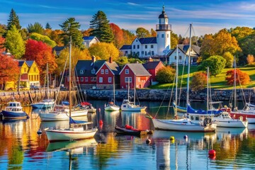 Fototapeta premium Vibrant colorful waterfront scene in Camden, Maine, featuring sailboats, lighthouses, and picturesque buildings along the quaint coastal town's bustling harbor on a sunny day.