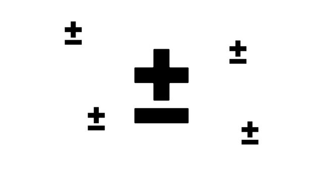 Zoom in and out animation the plus&ndash;minus symbol. Large black symbol in the center and four small symbols around. Seamless looped 4k animation on white background