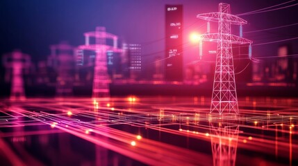 Obraz premium Smart grid technology, augmented reality energy data, glowing power flow charts, futuristic city