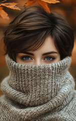 Beautiful woman with short hair in an oversized sweater covering her face, surrounded by fall colors in an autumn forest background