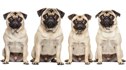 Fototapeta premium Four pugs are sitting in a row, looking at the camera