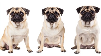 Obraz premium Three pugs are sitting in a row, with the middle one looking the most sad