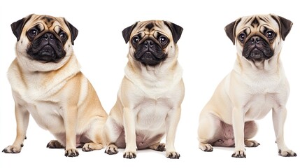 Fototapeta premium Three pugs are sitting in a row on a white background