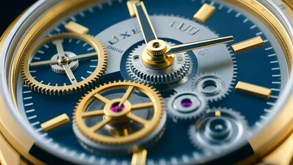 Extreme close-up of luxury watch mechanism with blue dial and golden gears. Intricate timepiece internals showcasing precision engineering and craftsmanship for high-end horology enthusiasts