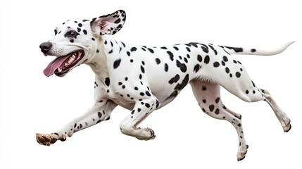 A Dalmatian dog is running on a white background