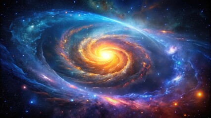 Obraz premium Vibrant cosmic illustration of a swirling galaxy with radiant stars, glowing nebulae, and ethereal clouds of gas and dust set against a deep indigo background.
