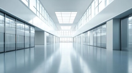Obraz premium Modern Office Corridor with Glass Walls and Windows