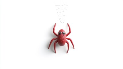 A cartoonish red spider hanging on a thin thread, emphasizing a playful design.