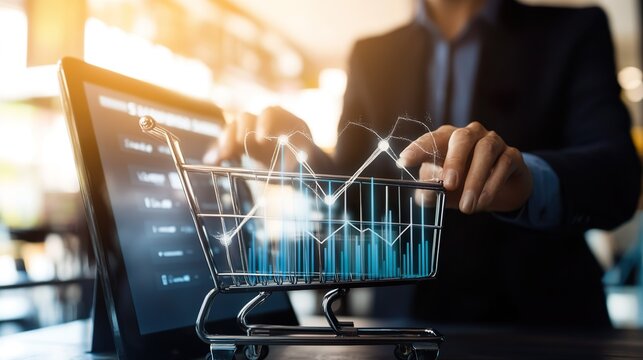 A man is holding a shopping cart with a laptop on top of it