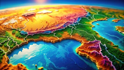 Vibrant digital map of the South East region showcasing countries, cities, roads, and geographical features in bright colors with subtle texture and 3D elevation effects.