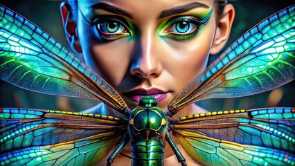 Vibrant dragonfly with iridescent blue-green wings and large, shimmering eyes perches on a human face, its delicate legs and antennae intertwined with the subject's features.