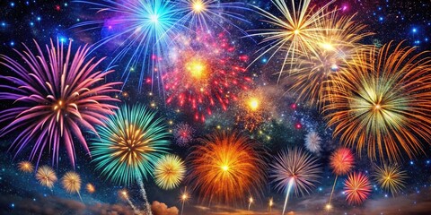 Fototapeta premium Vibrant fireworks explode in a kaleidoscope of colors against a dark, starry night sky, creating a mesmerizing and festive atmosphere of celebration and joy.