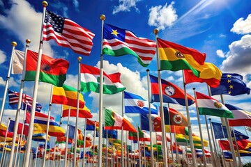 Obraz premium Vibrant flags of various countries waving in the wind, arranged in a stunning collage, symbolizing international unity, cultural diversity, and national identity.