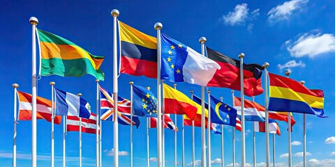 Obraz premium Vibrant flags of various European countries waving together against a clear blue sky, symbolizing unity and diversity in a colorful and harmonious display.