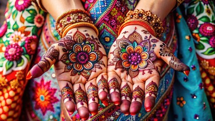 Vibrant floral patterns and intricate henna designs adorn delicate hands, showcasing beauty and cultural traditions in a kaleidoscope of colors and ornate details.