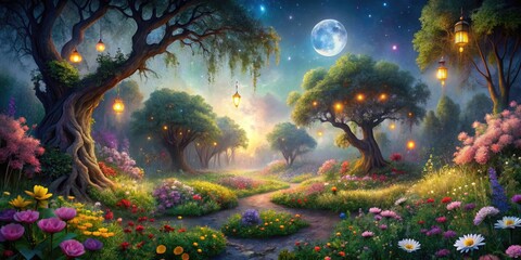 Fototapeta premium Vibrant flowers, twinkling fireflies, and sparkling dew drops illuminate a whimsical, moonlit garden, where ancient trees and winding vines converge in mystical harmony.
