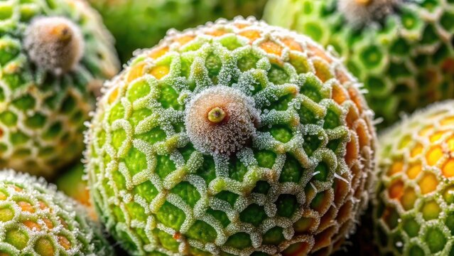 Vibrant green botrytis mold grows in intricate patterns on a ripened fruit, showcasing its velvety texture and delicate, thread-like tendrils in stunning macro detail.