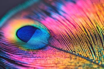 Naklejka premium Peacock feather in vivid detail, focusing on the iridescent colors and natural patterns, symbolizing wildlife, elegance, and nature's artistry