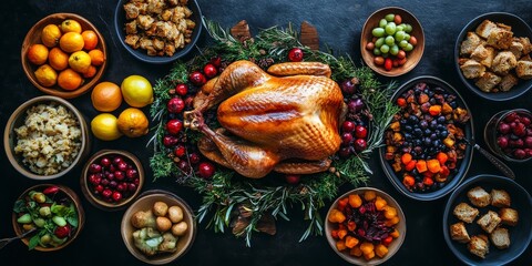 Thanksgiving Feast with Roasted Turkey and Traditional Side Dishes
