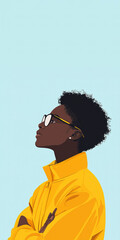 Young black woman wearing glasses and yellow jacket is looking up with hope