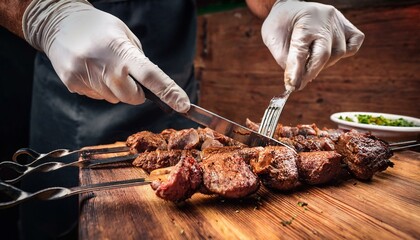Closeup von H&auml;nden beim Zerlegen von Schaschlik-Fleisch.