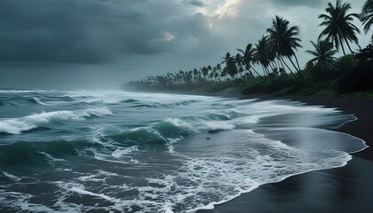 Dramatic seaside scene of a stormy ocean, dark beach, swaying palm trees, and turbulent waters beneath a moody, cloudy sky