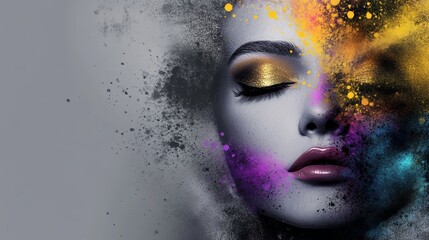 Stylized portrait of a woman's face with closed eyes and colorful abstract splashes of paint, blending artistic expression with beauty, copy space 