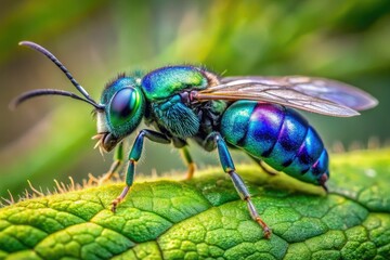 Fototapeta premium Vibrant, iridescent blue wasp, Arilus cristatus, perched on a leaf, its metallic sheen and delicate wings catching sunlight, showcasing nature's intricate beauty and precision.