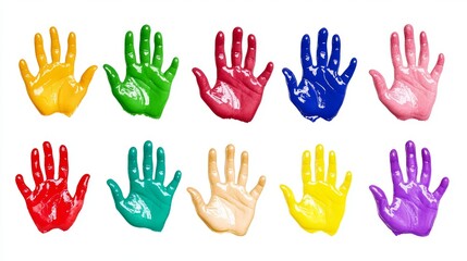 Obraz premium Colorful handprints in various shades of paint on a white background, symbolizing creativity and playful expression