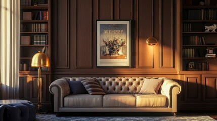 Art deco interior design of modern living room, home Sofa and bookcase against classic paneling wall with poster