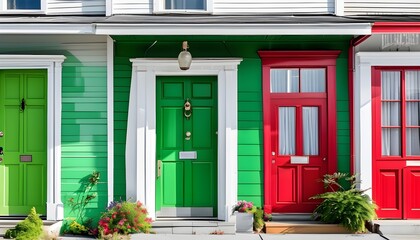 Charming street lined with vibrant houses featuring green and red doors