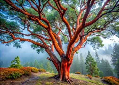 Vibrant madrona tree with peeling red bark and twisted branches stands tall against a misty blue background, exuding rustic charm in a serene forest setting.