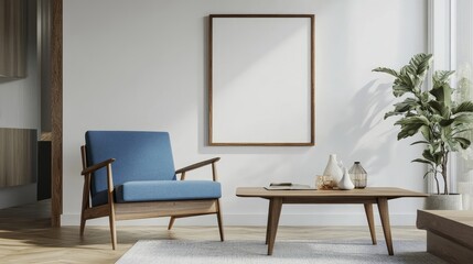 Blue armchair near wooden long coffee table against of white wall with big art canvas poster frame Mid-century interior design of modern living room