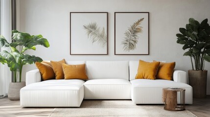 Boho interior design of modern living room, home White corner sofa with dark mustard pillows against wall with two posters