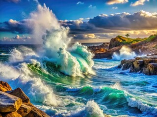 Fototapeta premium Vibrant ocean waves crash against rocky shores, producing a mesmerizing display of splash, foam, and spray, capturing the dynamic energy of the turbulent sea.
