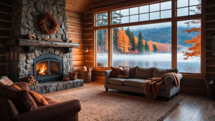 Fototapeta premium warm and cozy interior of a cottage with a crackling fireplace and rustic furniture from where you can see an autumn landscape through a large window