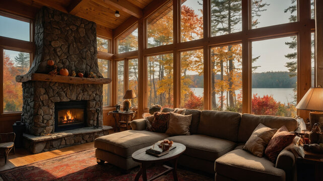 Fototapeta warm and cozy interior of a cottage with a crackling fireplace and rustic furniture from where you can see an autumn landscape through a large window