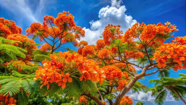 Vibrant orange flowers of the flamboyant royal poinciana tree bloom against a bright blue sky, creating a stunning tropical landscape with lush green foliage.